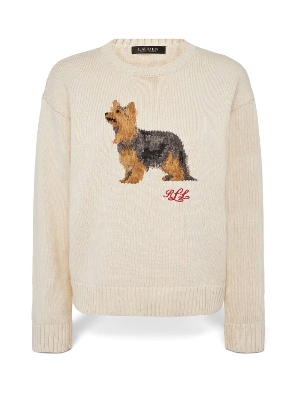 NWT Ralph Lauren Women's Medium Cotton Knit Yorkie Sweater Cream Red Lettering
